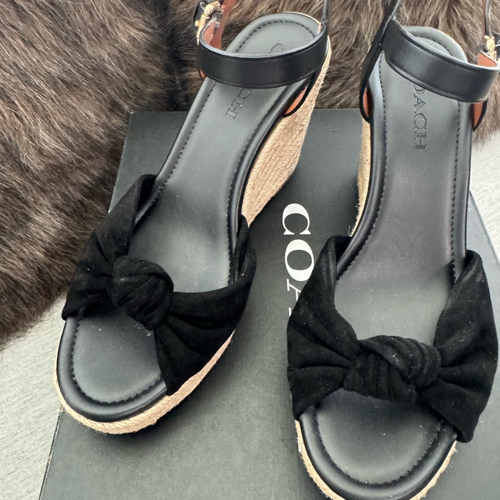 Coach Black Wedge Sandals with Bow Detail